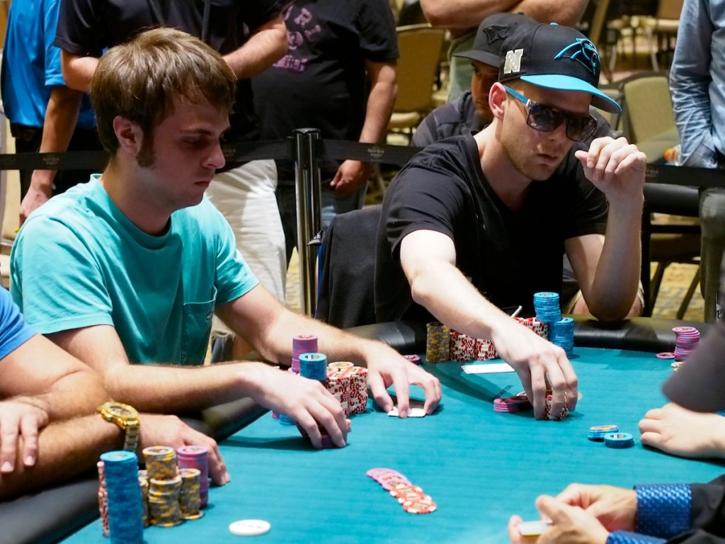 Johnny Miller (right) puts in a cold four-bet of 1.1 million against Bryan Campanello (left) and Andy Hwang (not shown).