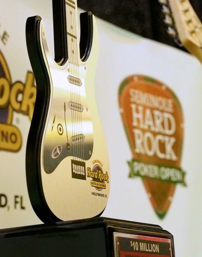 In addition to the $1.74 million first prize, the winner will receive this guitar-shaped trophy and an actual customized electric guitar.