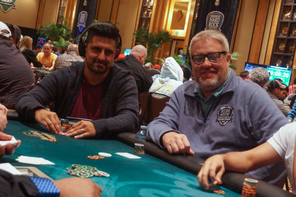 Seminole Hard Rock Poker team members Mukul Pahuja (left) and Stewart Newman share a table in Flight D