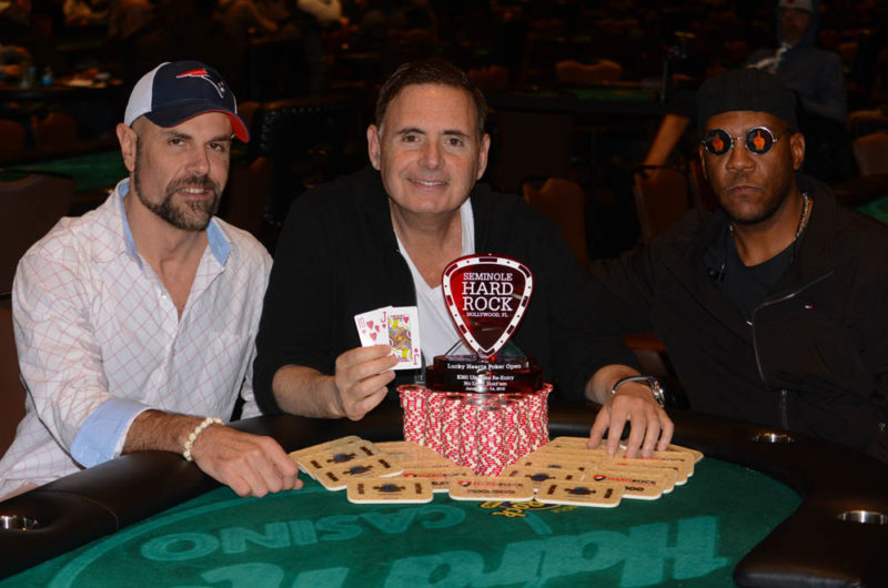 3rd-place finisher Scott Robbins (left) and runner-up Willie Wiggins (right) pose with Event 1 Champion Michael Newman after a three-way chop.